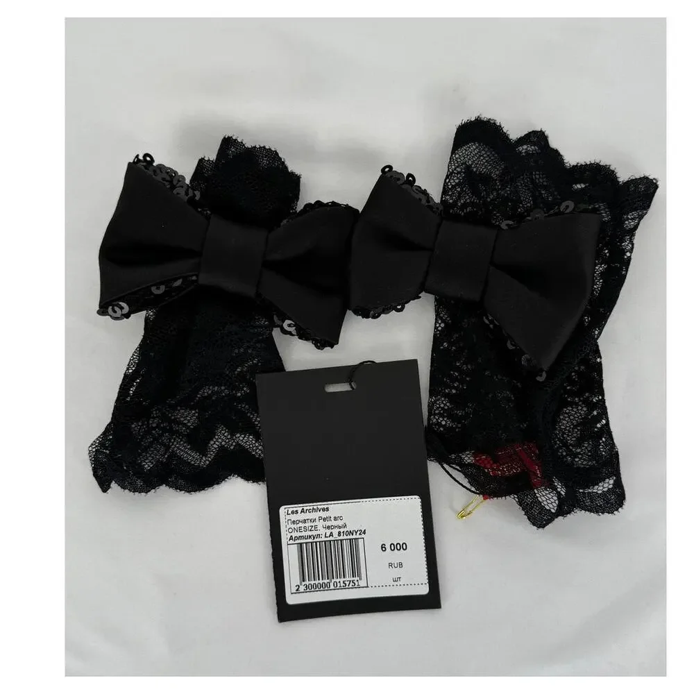 Les Archives Petite Arc Lace Gloves Open Finger Bow Black New Sequin